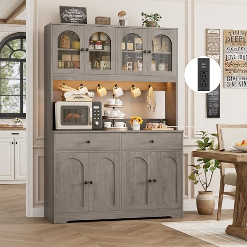 HIFIT 71\" LED Kitchen Pantry Cabinet with Power Outlet, Large Kitchen Hutch Storage Cabinet with Arched Door, Shelves, 2 Drawer, Tall Farmhouse Coffee Bar w/Hutch for Home Dining Living Room, Ash Grey - Thumbnail 2