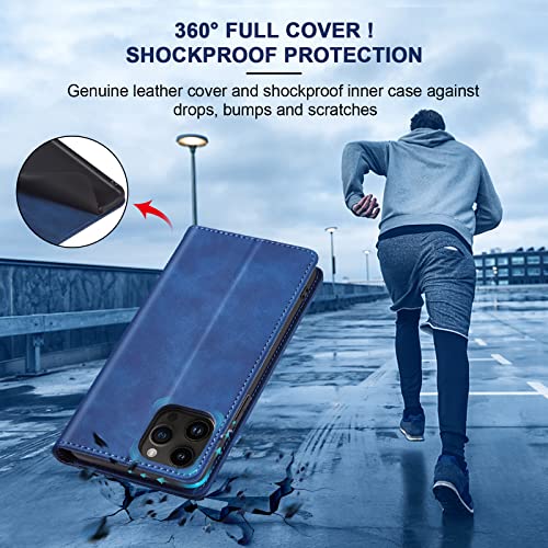 Image of Jasonyu Flip Wallet Case for iPhone 14 Pro 5G,Leather Magnetic Folio Cover with Card Holder,Kickstand - TPU Shockproof Durable Protective Phone Case,Blue