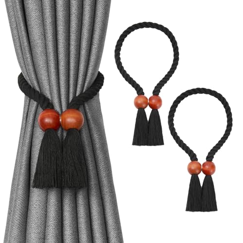NICEEC 2 Pack Wooden Ball Magnetic Curtain Tiebacks Boho Home Decor Drape Tie Backs Natural Cotton Hand Woven Rope Curtain Holdbacks for Thin & Thick Home & Office Window Draperies (B-Black)