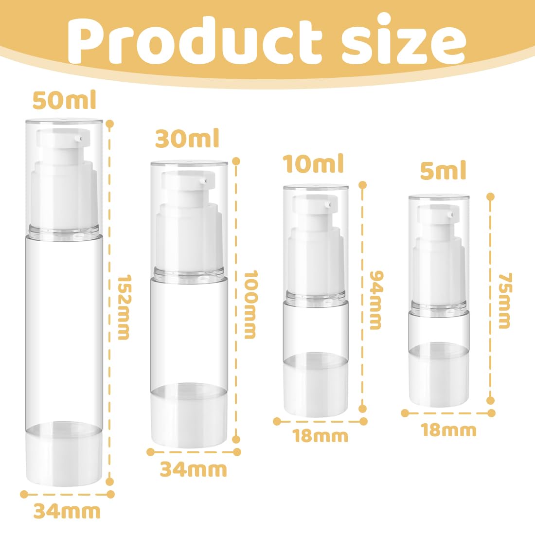 4 dispenser per crema, 5ml, 10 ml, 30 ml, 50 ml, senza senz'aria, Flaconi da Viaggio Trasparente, Airless Contenitore Crema Pump, Dispenser Cosmetico da Riempire, per Lozione, Fondotinta