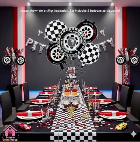 Image of Party Warehouse Racing Car Balloon Set for Birthday - 5 Pieces | Race Car Theme Foil Balloons for Race Lovers | Tyre & Checkered Flag Balloons for Kids /Adults Party Decorations (Tyres Set)