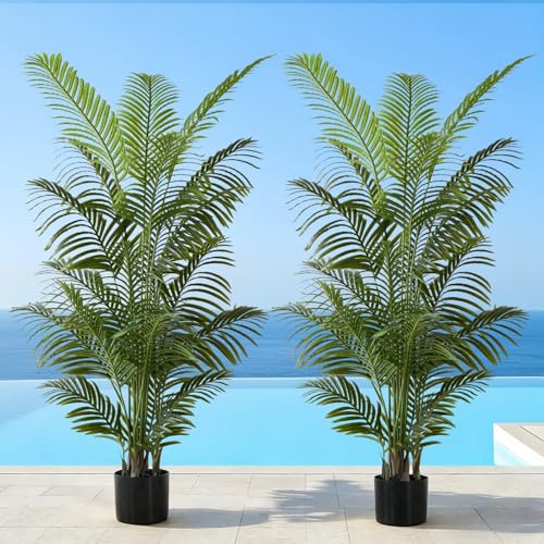 FloraFairy 6FT Tall Artificial Palm Trees Potted Plant (2 Pack) Tropical Areca Palm UV Resistant Indoor/Outdoor Fake Plant in Black Cement Pot Realistic Decor for Patio Living Room Office