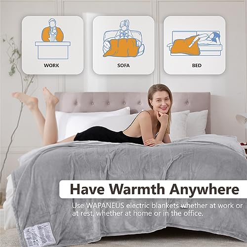 Image of Wapaneus Heated Blanket Electric Throw 72 inch x 84 inch Full Size with 10 Heating Levels 12 Hours Time Setings and Auto-Shut Off, Flannel Fast-Heating Electric Blanket,Machine Washable,Light Grey
