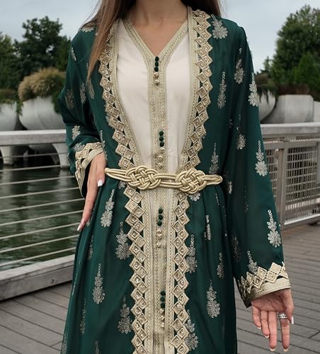 HUSN Embroidered Two-Piece Abaya Set Long Cardigan with Gold Embroidery with Plus Size Inner Slip Kaftan for Eid3