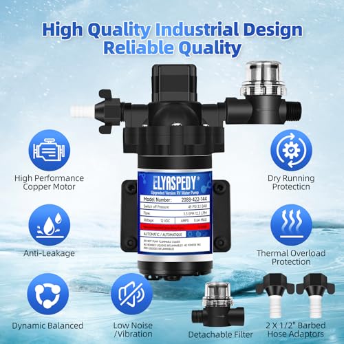 Image of Elyaspedy 2026 Upgraded 2088-422-144 RV Fresh Water Pump,12V 3.3GPM Self-Priming Diaphragm Water Pump,45PSI,Includes Pressure Switch and Detachable Filters,No Noise, for RV, Marine, Yacht, Caravan