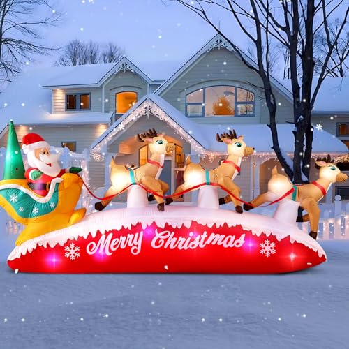 Danxilu Trineo Inflable de Navidad 3m de Largo Santa Claus Trineo con 3 Renos para Exteriores, Luces LED Coloridas Integradas para Decoración de...
