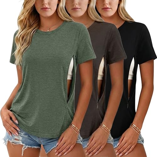 Ecavus Women's 3-Pack Nursing Shirts for Breastfeeding with Hidden Zippers Loose Fit Maternity Tops
