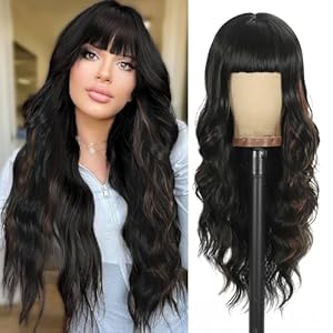 Wig with Bangs Long Wavy Wig for Women Synthetic Curly Wigs Hair Replacement Wigs for Girls Daily Party Use 26 Inches (2-30#)