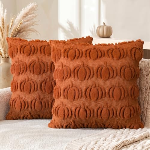 AVOIN colorlife Fall Pumpkin Caramel Throw Pillow Covers 20 x 20 Inch Autumn Thanksgiving Harvest Soft Plush Faux Fur Jacquard Cushion Case Decoration for Sofa Couch Set of 2