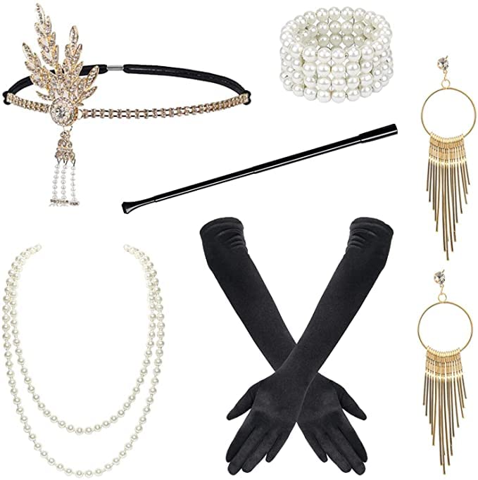 Jimiston1920s Accessories Set, Gatsby Accessories Flapper Headband, Necklace, Gloves, Bracelet, Fishnet Stockings, 20 Accessories for Women