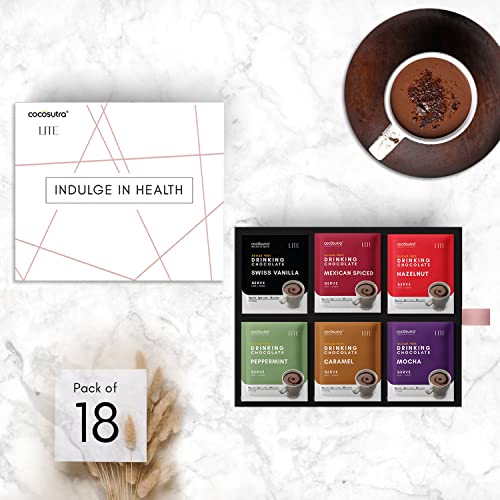 Image of COCOSUTRA Sugar-Free Drinking Chocolate Mix | 18 Single-Serve Sachets (20g Each) | 3 Sachets Each Flavour | Swiss Vanilla, Mocha, Caramel, Hazelnut, Mexican Spiced & Peppermint | Zero Sugar | Low Carb | Low Calorie | Stevia & Erythritol Sweetened | 360 g