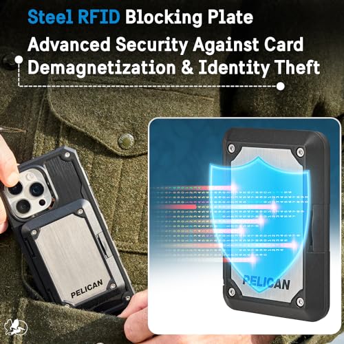 Pelican iPhone MagSafe Wallet with RFID Blocking| Military STD Snap-On Magnetic Phone Wallet for Cash & Phone Card Holder | Detachable Hard Case Wallet for iPhone Pro Max 16/15/14/13 |Brushed Titanium