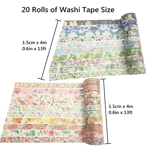 Esweny Conjunto de Fitas Florais Washi, 20 Rolos, 15 Mm de Largura, Fitas de Papel Decorativas de Fl