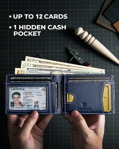 Image of LORZOR Mens Wallet with AirTag Holder, Bifold Top Grain Leather Minimalist Front Pocket RFID Blocking AirTag Wallet with ID Window Gift for Men, up to 12 Cards