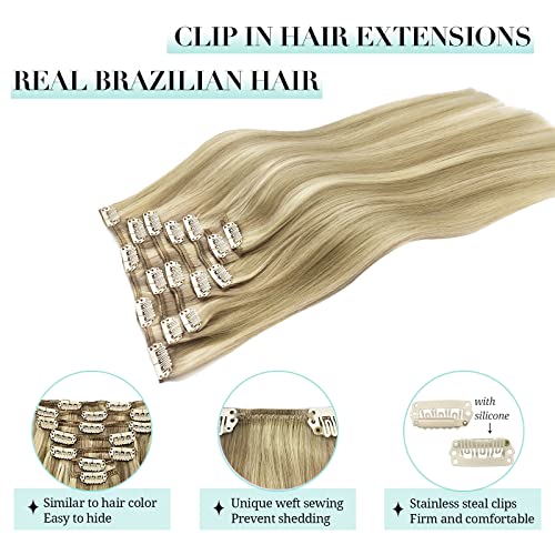 Image of DOORES Human Hair Extensions Clip in Balayage Light Blonde Highlighted Golden Blonde 18 Inch 120g 7pcs Clip in Hair Extensions Natural Straight Hair Extensions