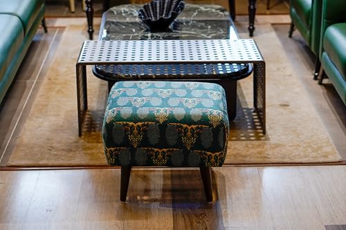 Image of The Artage Puffy Stool for Living Room Sitting Printed Premium Foam Cushioned Pouffe Ottoman for Foot Rest Stool for Home Decor Furniture with 4 Wooden Legs (Floral) (Forest Green)