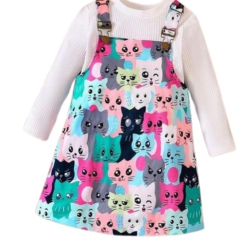 Kids Girls Cat Printed Multicolour Dress Set-image-40
