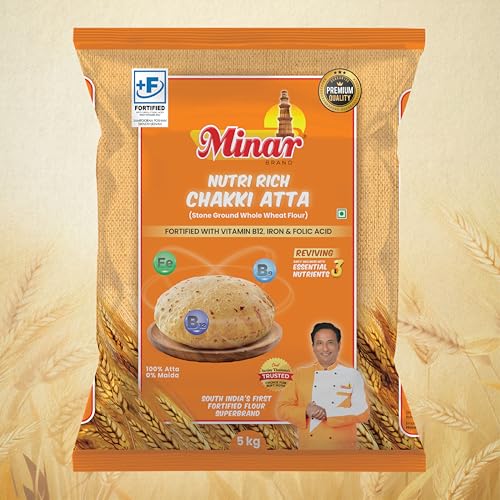 Image of Minar Nutri Rich Fortified Whole Wheat Chakki Atta 5 Kg | Enriched with Iron, Folic Acid & Vitamin B12 | 100% Whole Wheat | Zero Maida | Soft & Fluffy Rotis