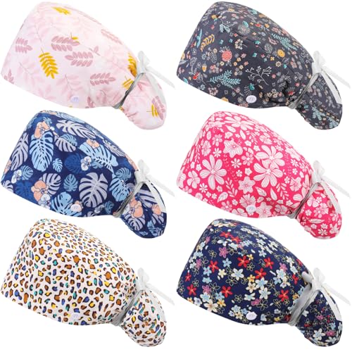 Image of 6 Pcs Scrub Cap Women Adjustable Nurse Cap with Button Bouffant Medical Surgical Hat Sweatband for Gift