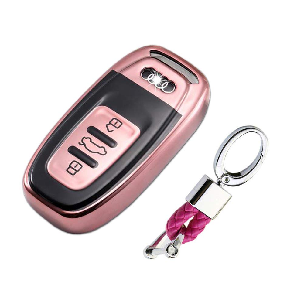Keyless Entry Remote Cases Key Fob Cover with Keychain Full Protection Soft TPU Holder Shell for 3 Button Audi A4L A6L Q5 A5 A7 A8 S5 S7, etc – Pink
