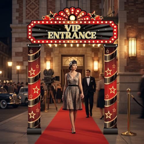 Image of Peryiter 3 Pcs Movie Night Porch Sign Banner Movie Theme Party Decorations VIP Door Entrance Banner Theater Welcome Now Showing Lights Hanging Porch Sign Film Backdrop Red Carpet Party Decoration