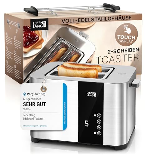 LEBENLANG Edelstahl Toaster mit Brötchenaufsatz 2 Scheiben - Touchscreen LED Display & 7 Stufen I 850W 2er Toster mit Display I Für Küche Haushalt & Camping Campingtoaster I Bread Toasters
