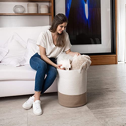 Image of OrganiHaus Tall Cotton Rope Laundry Basket & Hamper, Blanket Storage 52L | Honey / Off-White - Tall Cotton Rope Hamper, 52L