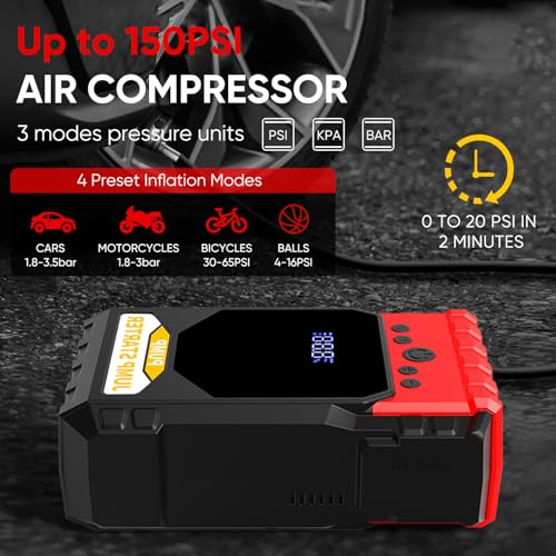 Jump Starter with Air Compressor, 6000A Car Battery Jumper Starter (10.0 Gas/8.0L Diesel), 12V Jump Starter Battery Pack, Portable Jump Box with LED Display, Flashlight and Jumper Cable - Image 5