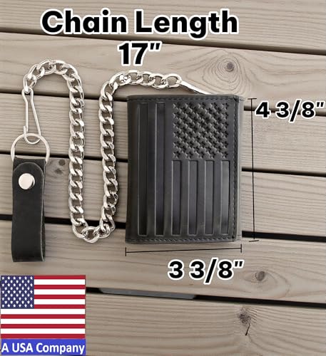 Image of F&L CLASSIC RFID Blocking Men's Tri-fold Vintage Biker Cowhide Leather Steel Chain Wallet,Snap closure, black, flag,315-200
