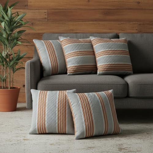 Image of STITCHNEST 'QuadraNest' Series Printed Quilted Velvet Cushion Cover 16x16 Inch Set of 5 | Premium Soft Fabric, Washable & Fade Resistant | Decorative Living Room Cushion Covers| Mustard & Grey Stripe