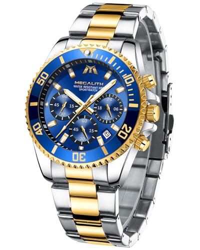 MEGALITH Reloj Hombre Oro Acero Inoxidable Relojes De Pulsera Grande Cronógrafo Relojes Impermeable Diseñador Reloj Analógico Hombre Esfera Azul Luminosa Fecha