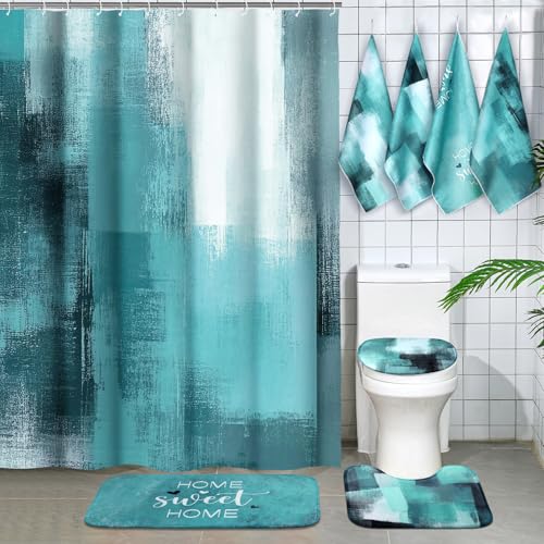 Honoson 8 Pcs Teal Bathroom Shower Curtain Set with Non-Slip Rugs Towels and Bath Mat Modern Abstract Turquoise Bathroom Decor Set for Farmhouse Country Summer Housewarming Gifts Decor
