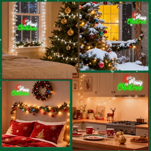 Image of Merry Christmas Neon Sign Santa Hat LED Neon Light Holiday Decor for Shops | Festive light up sign for christmas window, bedroom, bar, party & holiday home decor, dimmable LED light with USB powered