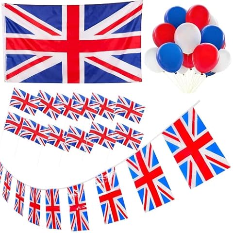 Universal British flag party pack backdrop balloon decorations bunting flags balloons for decoration set red white and blue Any Historical London Pub 2022 World Cup Travel or UK themed event or party Cover