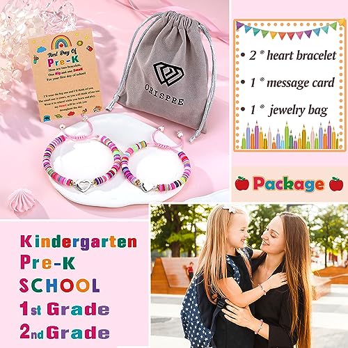 Image of First Day of Kindergarten /Pre K /School Mother Daughter Bracelets Matching Heart Wish Bracelet Set for 2 Gifts