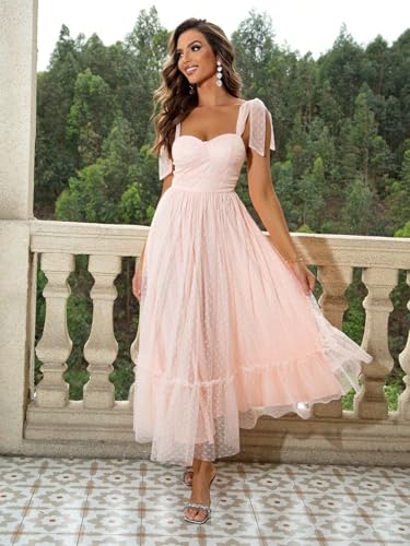 Image of SISKIN Summer Cocktail Dresses for Women Tie Shoulder Semi Formal Dresses Hem Mesh Birthday Wedding Guest Dress
