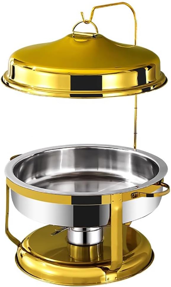 Round Commercial Buffet Insulated Hanging Pan, Removable Food Server with Food Plate, Lid, Burner, Thick Stainless Steel Dinner Food Serving Tray,Silver