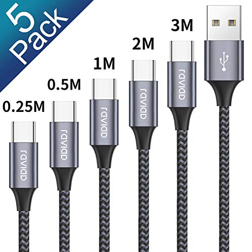 RAVIAD Cable USB Tipo C [5Pack 0.25M 0.5M 1M 2M 3M] Cargador Tipo C Carga Rápida y Sincronización Cable USB C para Samsung S10/S9/S8/Note 10/Note 9, Huawei P30/P20/Mate 20, Xiaomi Redmi Note 7