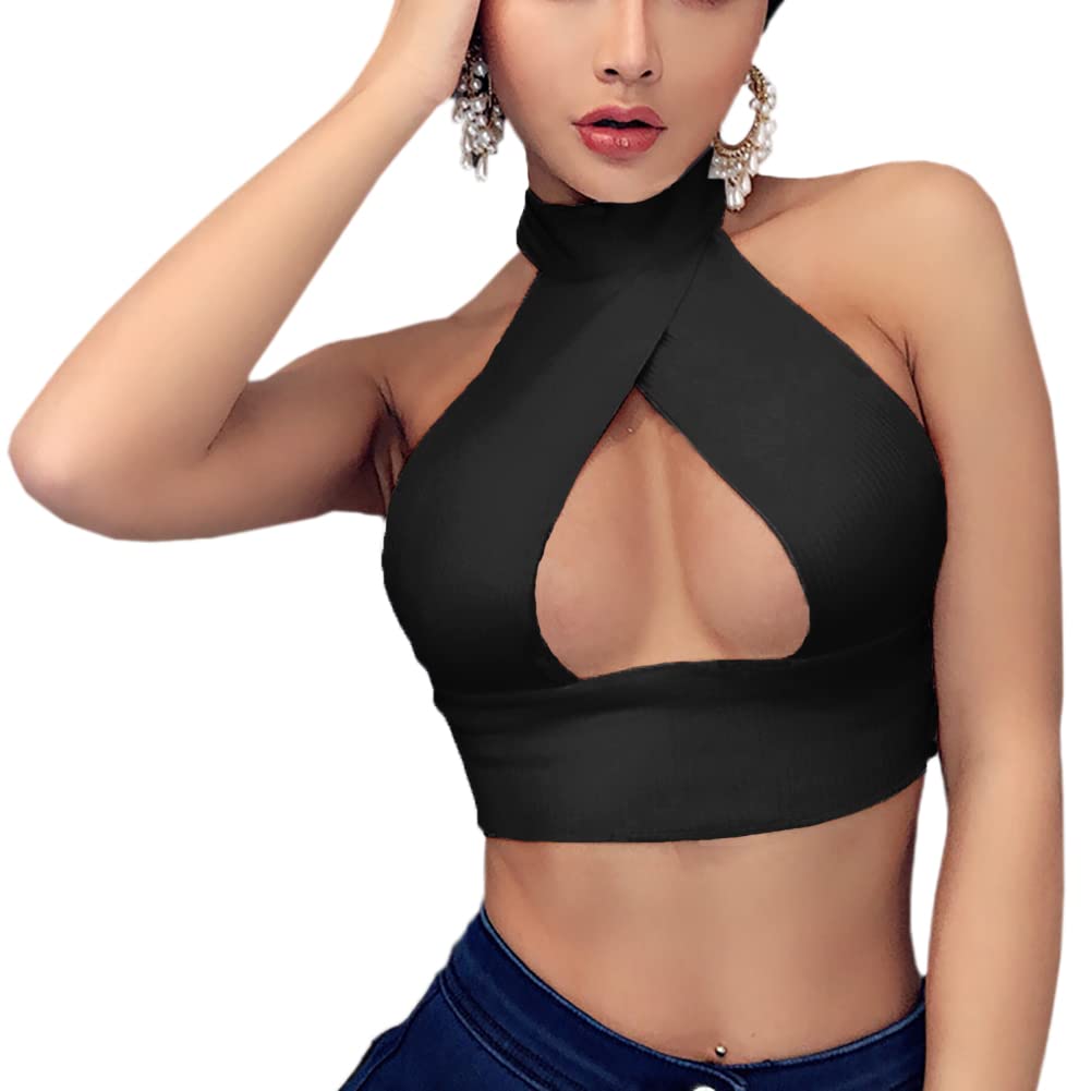 SIPEIEN Frauen Sexy Sommer Halfter Tiefer V-Ausschnitt Crop Top Kreuz quer Rückenfrei Ärmellos Ausgeschnitten Tank Crop Top