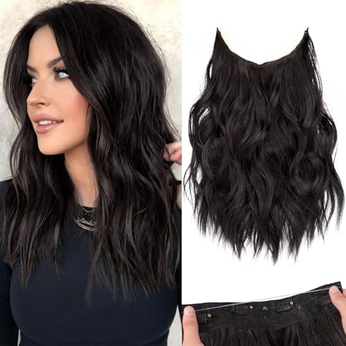 KooKaStyle Invisible Wire Hair Extensions with Transparent Headband Adjustable Size 4 Secure Clips Long Wavy Synthetic Hairpiece Rich Dark Brown with Warm Tones/6for Women(12 Inch)