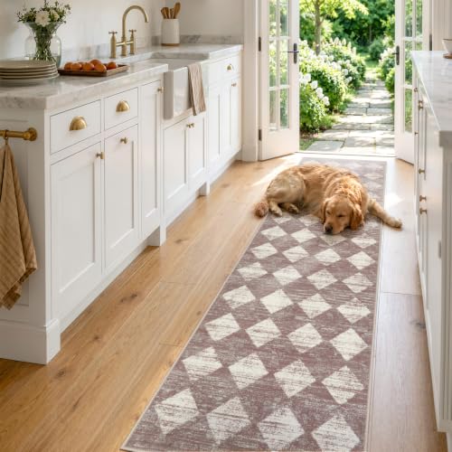 Checkered Runner Rug 2x8 Beige, Hallway Kitchen Bathroom Non Slip Washable