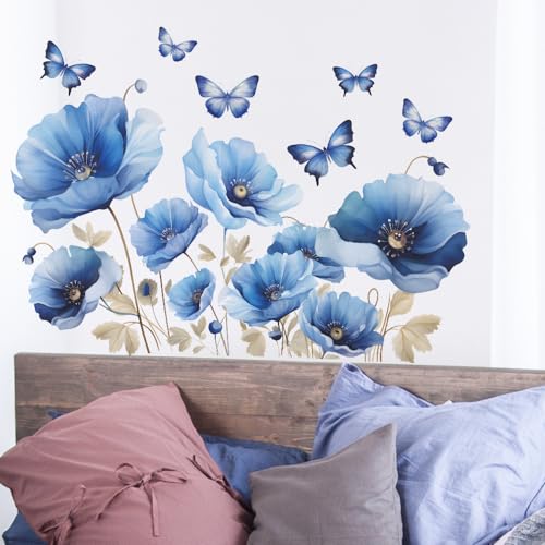 iMagitek Blue Flower Wall Decals Peel and Sticker DIY Floral Butterly Wall Stcikers Murals for Girls Bedroom, Living Room, Kids Room Wall Decor - Thumbnail 6