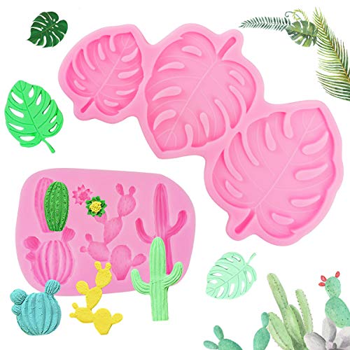 Tropical Leaf Monstera Cactus Silicone Molds, 2 Pcs Cake Decorating Molds for Chocolate Baking Resin Polymer Clay Soap Making (Pink)