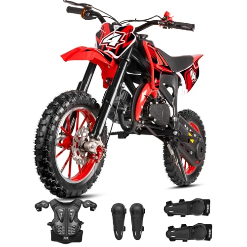 Image of Kids Dirt Bike Gas Powered, 50cc 2 Stroke 49cc Dirt Bike, Pit Bike Up to 24 MPH Pull Start, Gas Dirt Bike for Boys Girls Dual Disc Brake Inverted Fork Birthday Holiday Black with Armor Suit Set