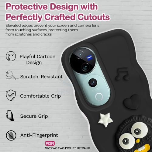 Image of AESTMO Back Case Cover for Vivo V40 / V40 Pro / T3 Ultra 5G | 3D Cute Fun Cartoon Characters | Anti Slip Grip Cute Wave Curly Frame Shape | Full Body Protection Back Cover (Black)
