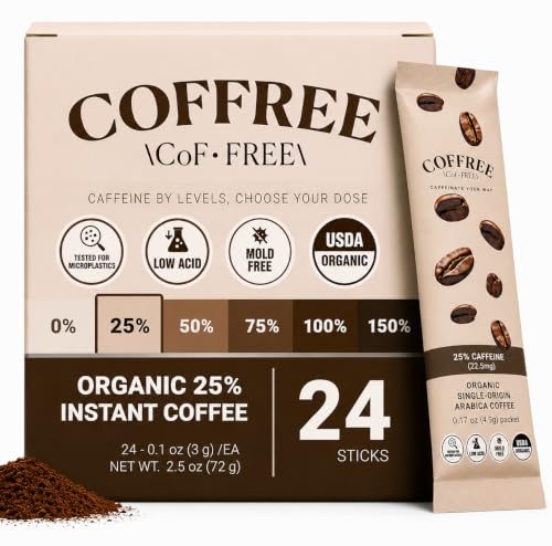 COFFREE Organic Instant Coffee Packets - Mold Free, Low Acid, Single-Origin Arabica - Low Caffeine Individual Single Serve Coffee Sticks - Travel, Camping - Light Roast - 25% Caffeine - 24 Count