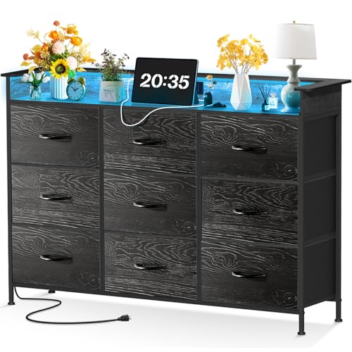 El Mejor Listado de Cajonero - solo los mejores. 41 FURRIFIC Comoda Cajonera para Recamara, Comodas y Cajoneras con 2 Salidas y 2 USB Luces Led, Cómoda de Dormitorio con 9 Cajones, Organizador de Estructura Metal, Almacenamiento de...