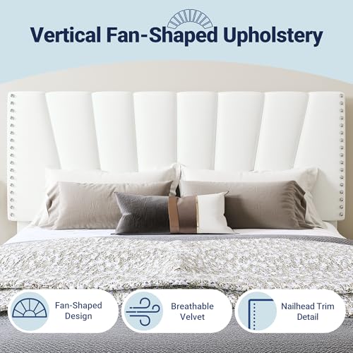 Image of Allewie King Size Velvet Platform Bed Frame with Adjustable Headboard White | Height-Adjustable Velvet Headboard, Rivet-Style Nailhead Trim, Wooden Slat Support, No Box Spring Needed, Easy Assembly