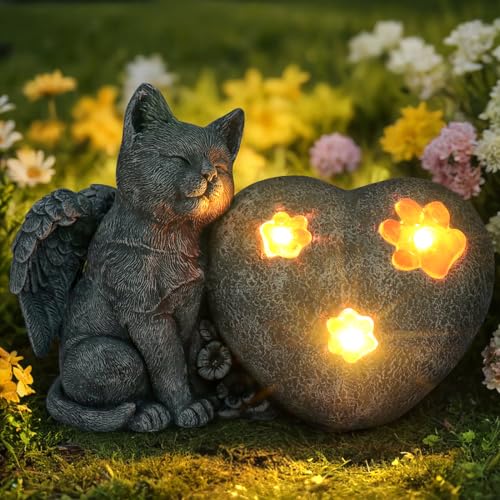 Heart-Shaped Solar Cat Memorial Stone with Wings, Pet Memorial Garden Stone, Waterproof Outdoor Memorial Headstone for Commemorates Loss of Cat