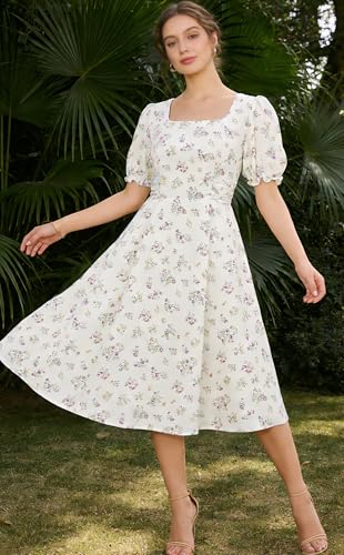 Image of Belle Poque Women's Vintage Midi Cottagecore Cocktail Dresses | Belle Poque Women's Vintage Cottage Core Dress,A-line,Midi,Square Neck,Homecoming Dress,Cocktail Dress,Sun Dress